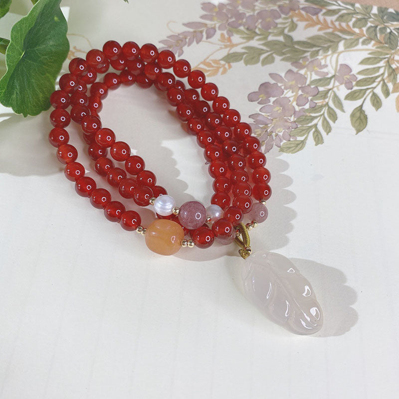 Pulsera de ágata natural de tres círculos y hoja