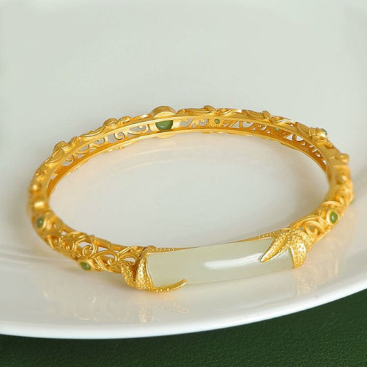 Bamboo Natural Emerald Jade Stone Open Bracelet