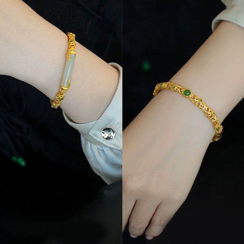 Bamboo Natural Emerald Jade Stone Open Bracelet