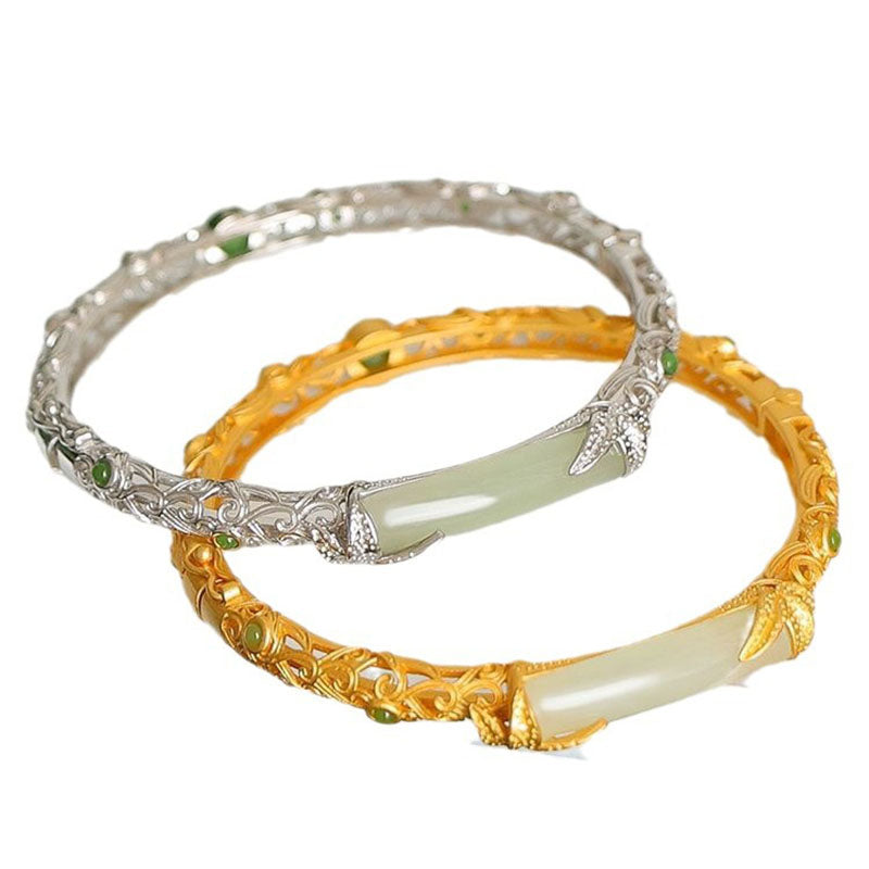 Bamboo Natural Emerald Jade Stone Open Bracelet