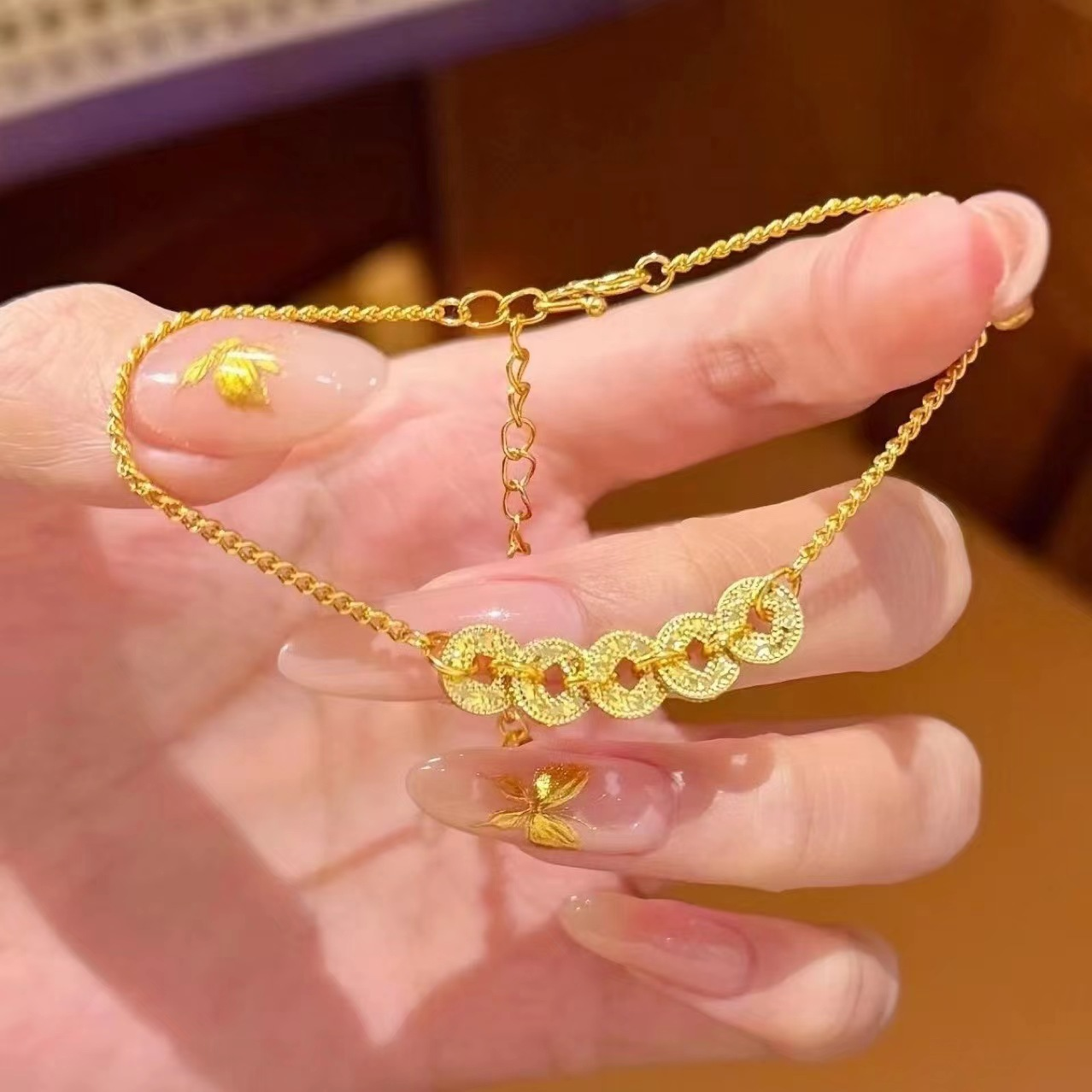 Crushed ice gold coin bracelet necklace