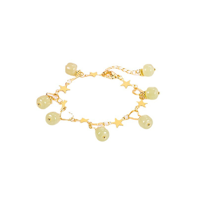 Pulsera o tobillera de jade con piedras de esmeralda natural, corazones y estrellas