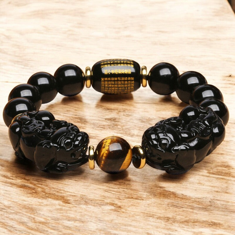 Double Pixiu Obsidian Tiger Eye Beads Bracelet
