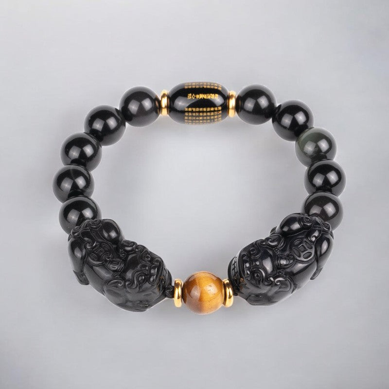 Double Pixiu Obsidian Tiger Eye Beads Bracelet
