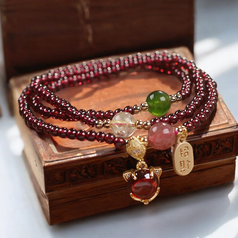 Natural Garnet Strawberry Quartz Crystal Fox Triple Wrap Bracelet