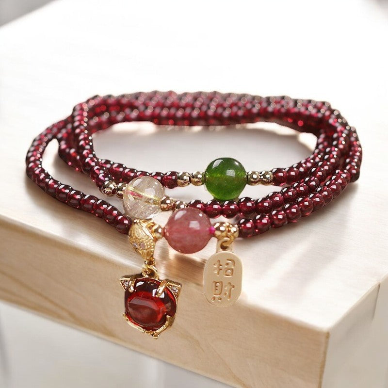 Natural Garnet Strawberry Quartz Crystal Fox Triple Wrap Bracelet