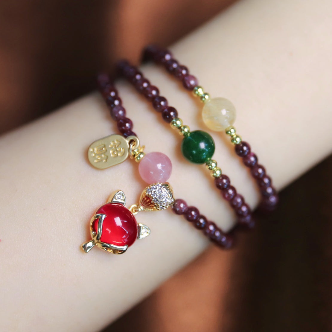 Natural Garnet Strawberry Quartz Crystal Fox Triple Wrap Bracelet