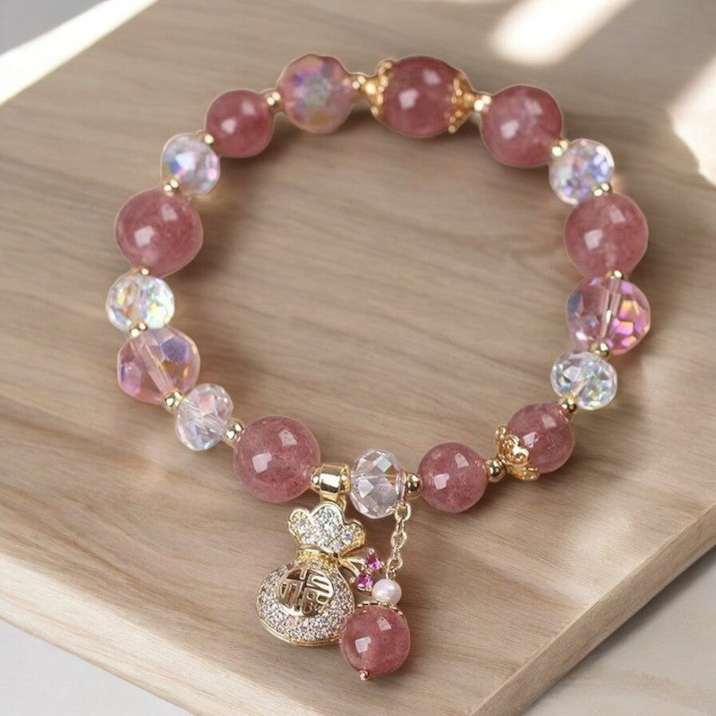 Natural Strawberry Quartz Crystal Charm Bracelet