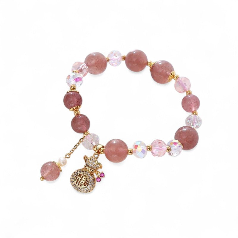 Natural Strawberry Quartz Crystal Charm Bracelet