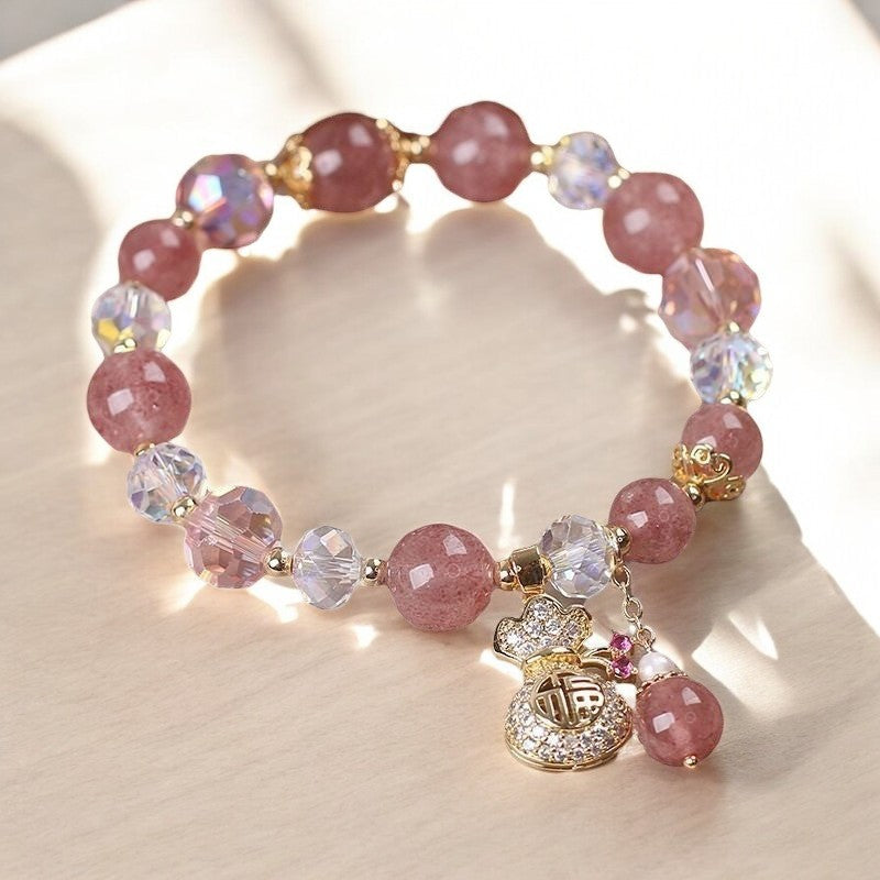 Natural Strawberry Quartz Crystal Charm Bracelet