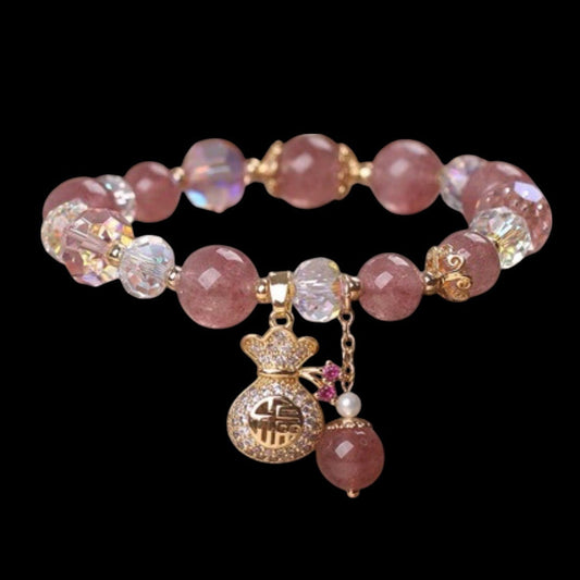 Natural Strawberry Quartz Crystal Charm Bracelet