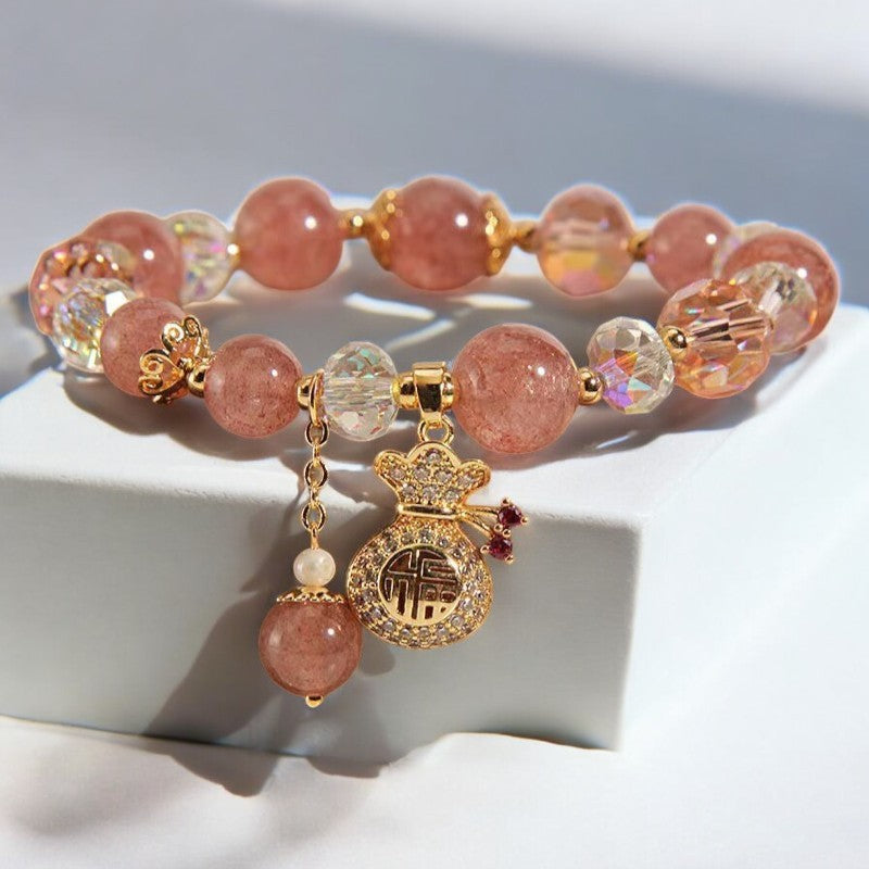 Natural Strawberry Quartz Crystal Charm Bracelet