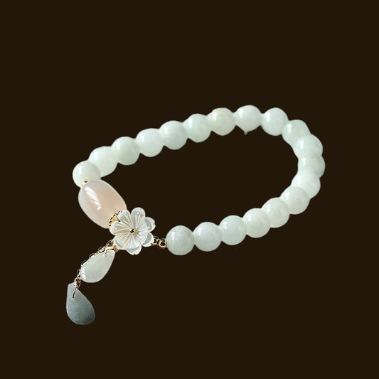 Natural White Jade Flower Pendant Luck Bracelet