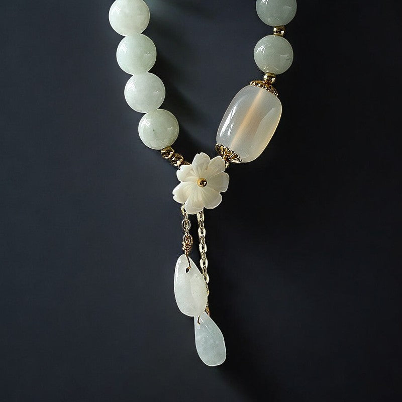 Natural White Jade Flower Pendant Luck Bracelet