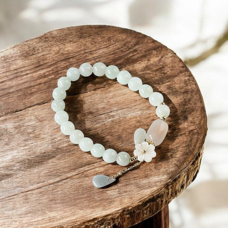 Natural White Jade Flower Pendant Luck Bracelet