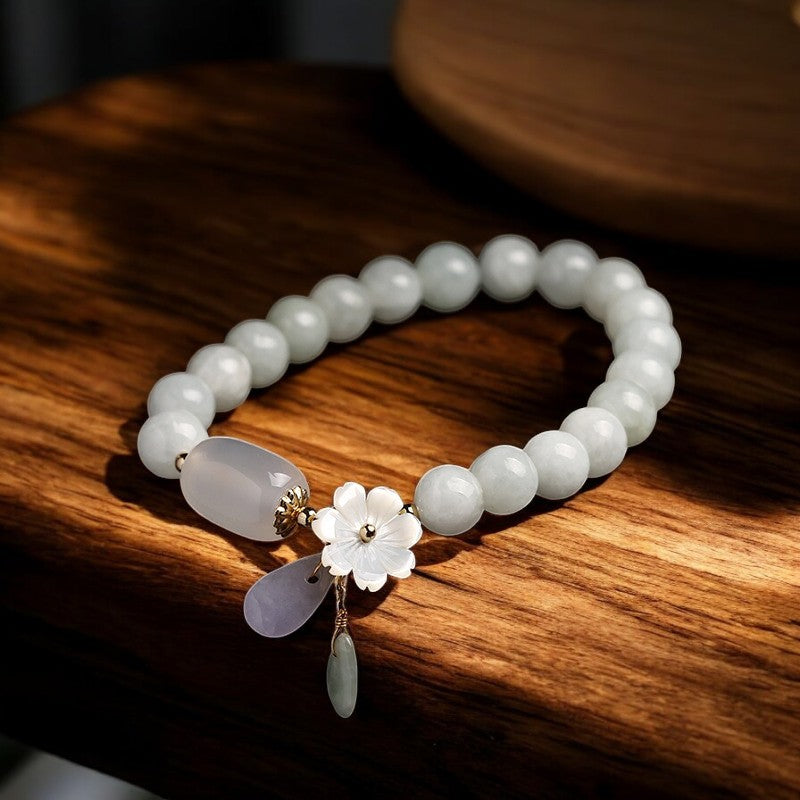 Natural White Jade Flower Pendant Luck Bracelet