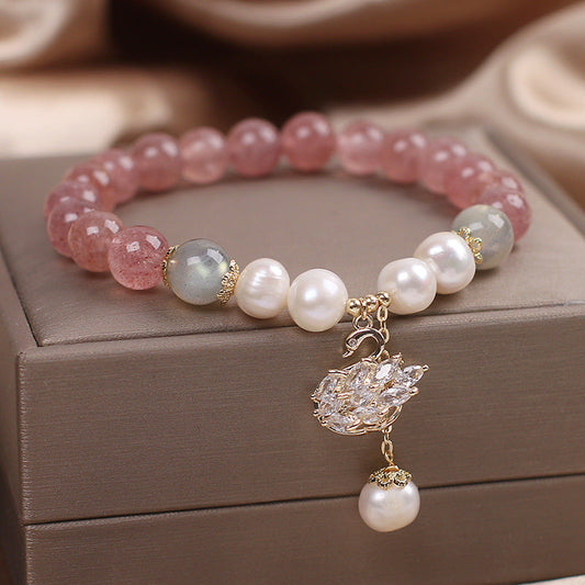White Swan Strawberry Crystal Moonstone Bracelet