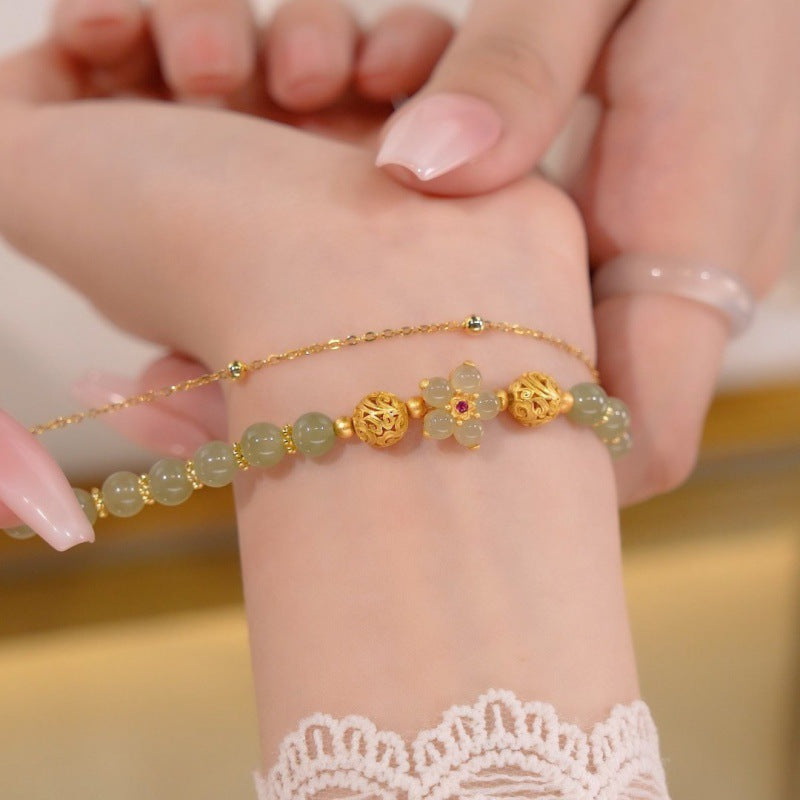 Sun flowers • Emerald Jade stone double bracelet