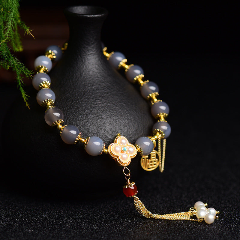 Natural Grey Agate Tassel Bracelet