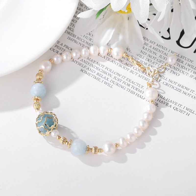 Pulsera de perlas de cristal aguamarina