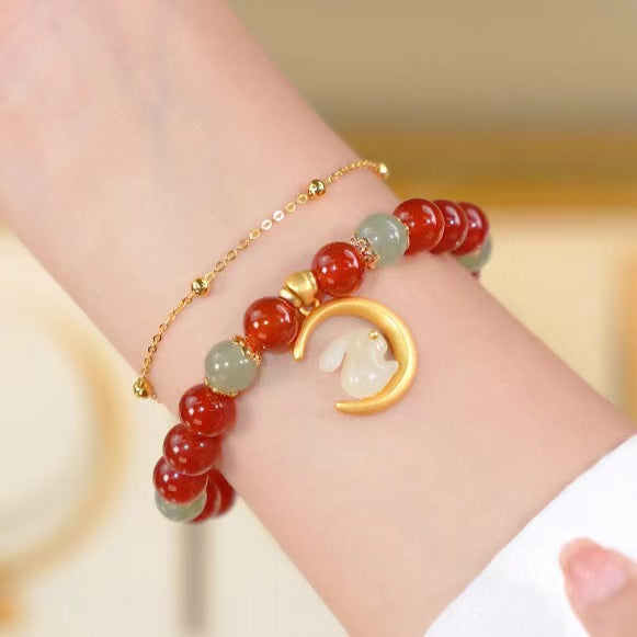Ágata roja natural · Pulsera de conejo lunar