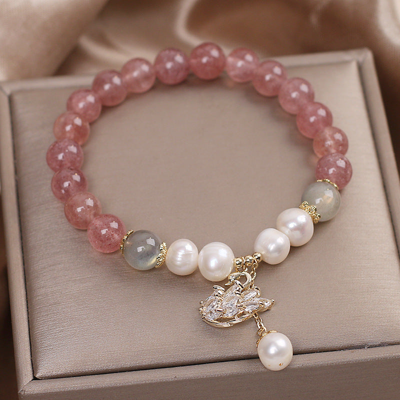 White Swan Strawberry Crystal Moonstone Bracelet