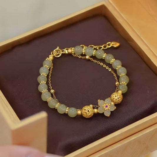 Sun flowers • Emerald Jade stone double bracelet
