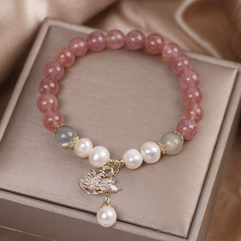 White Swan Strawberry Crystal Moonstone Bracelet