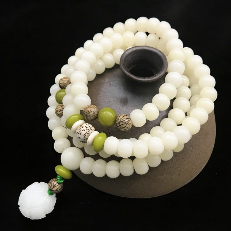White Jade Bodhi Lotus Mala Necklace Bracelet