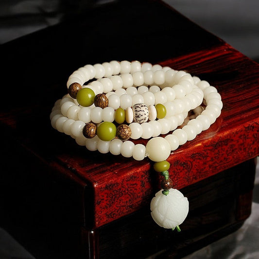 White Jade Bodhi Lotus Mala Necklace Bracelet