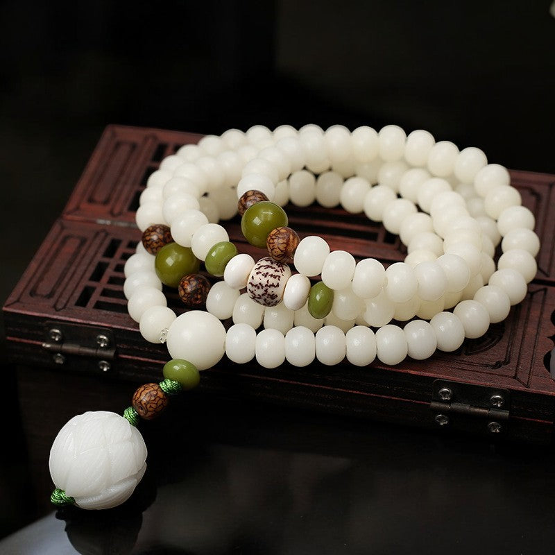 White Jade Bodhi Lotus Mala Necklace Bracelet