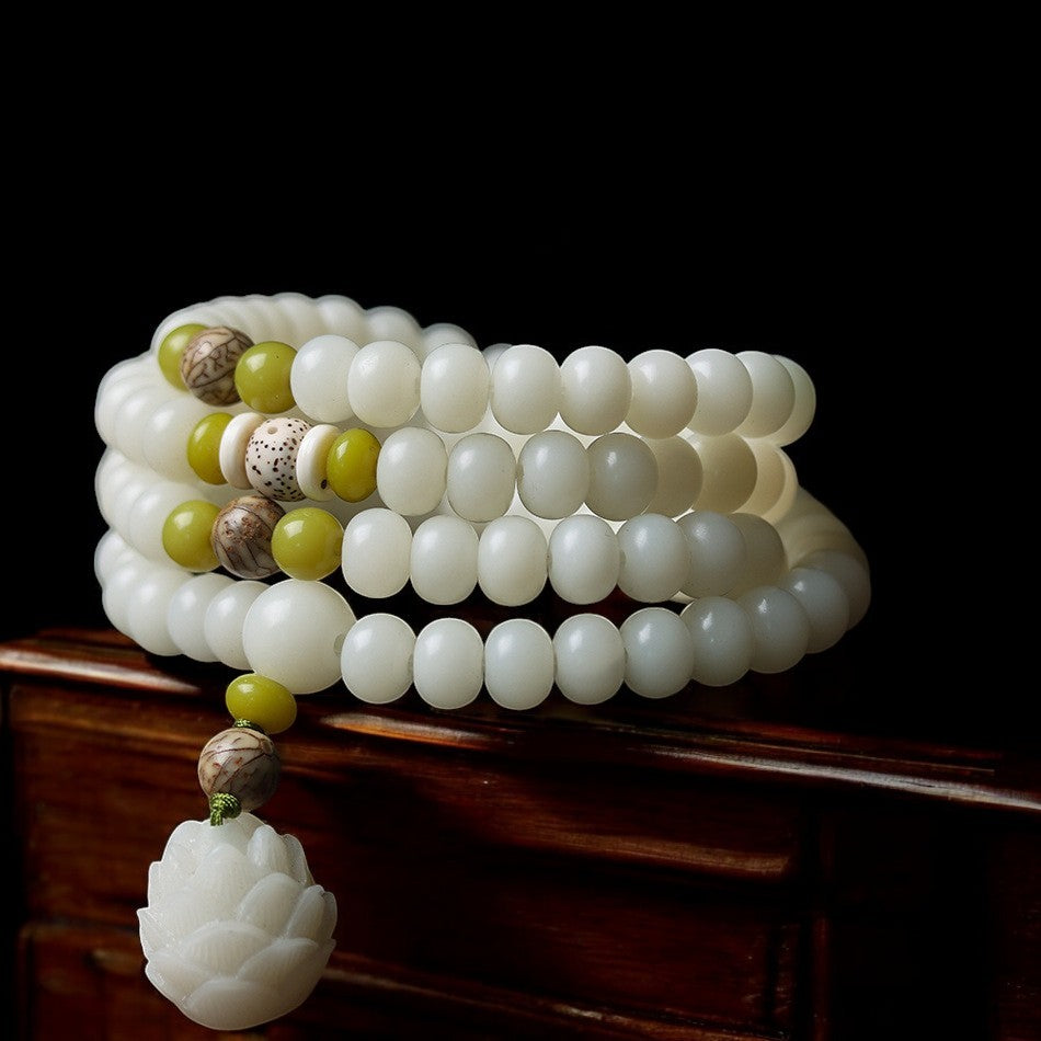 White Jade Bodhi Lotus Mala Necklace Bracelet