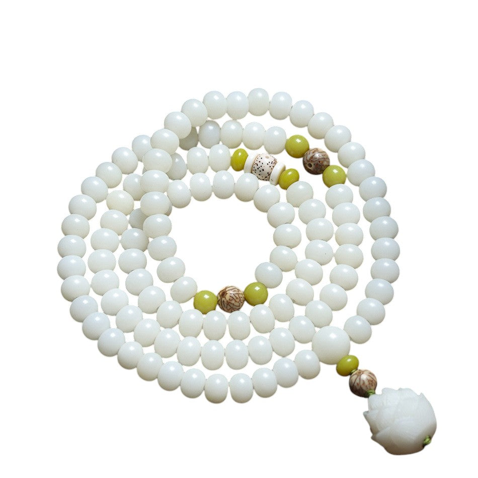 White Jade Bodhi Lotus Mala Necklace Bracelet