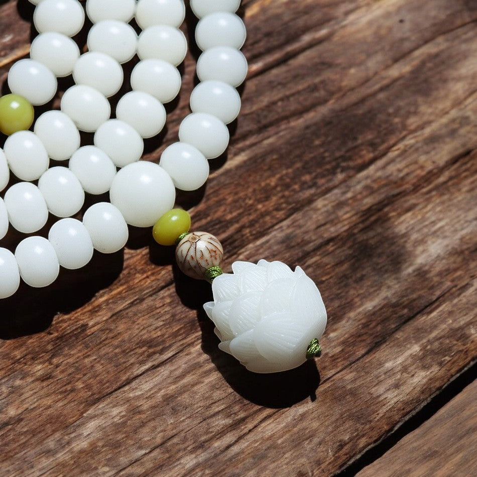 White Jade Bodhi Lotus Mala Necklace Bracelet