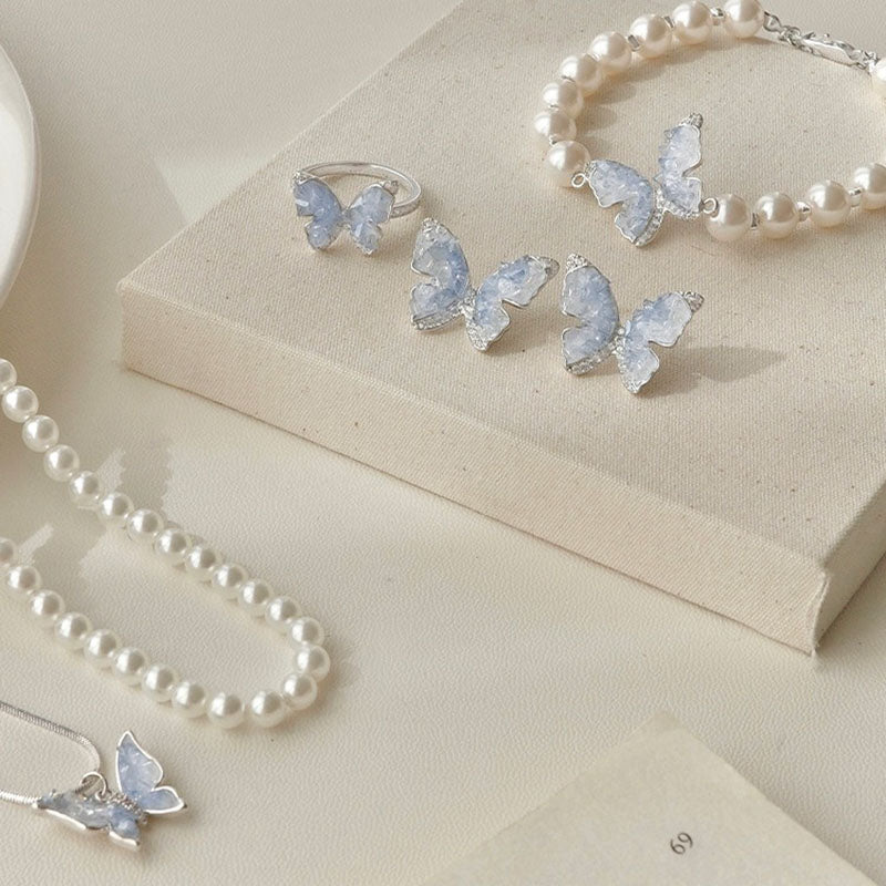 Butterfly Pearl Ring Bracelet Necklace Earrings