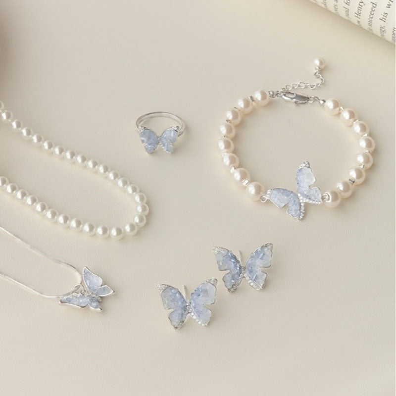 Butterfly Pearl Ring Bracelet Necklace Earrings