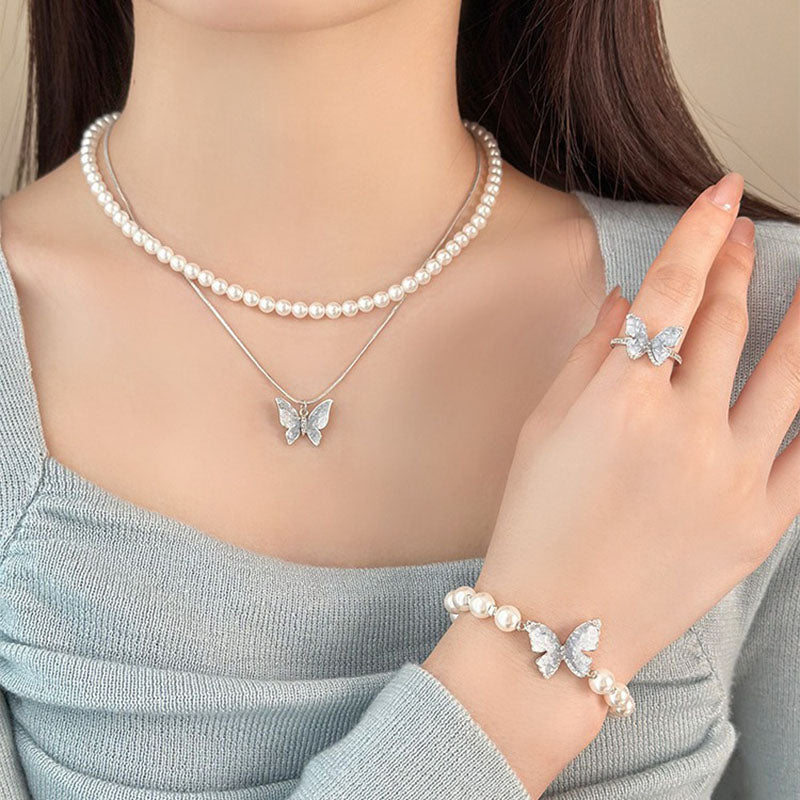 Butterfly Pearl Ring Bracelet Necklace Earrings