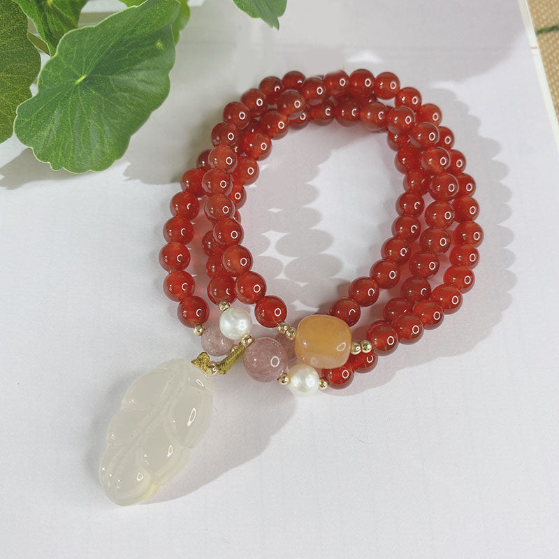 Pulsera de ágata natural de tres círculos y hoja