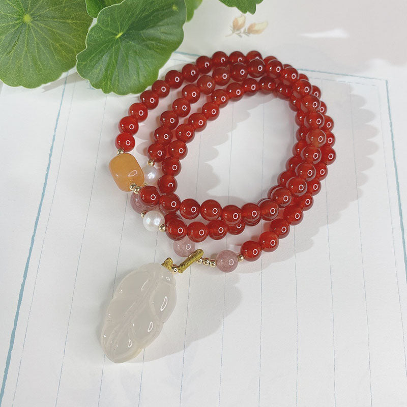 Pulsera de ágata natural de tres círculos y hoja