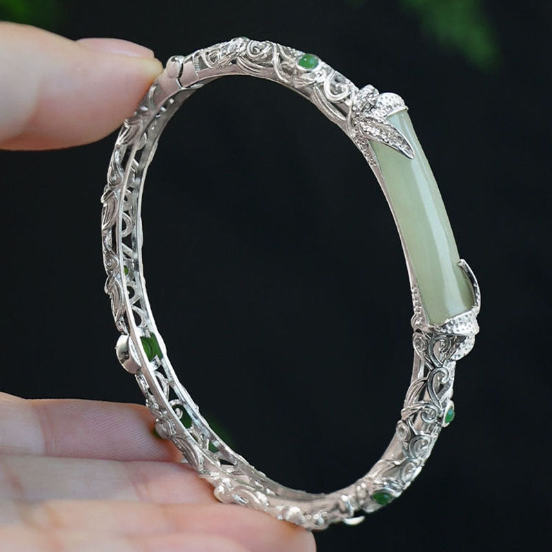 Bamboo Natural Emerald Jade Stone Open Bracelet