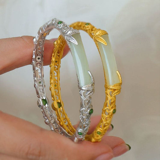Bamboo Natural Emerald Jade Stone Open Bracelet