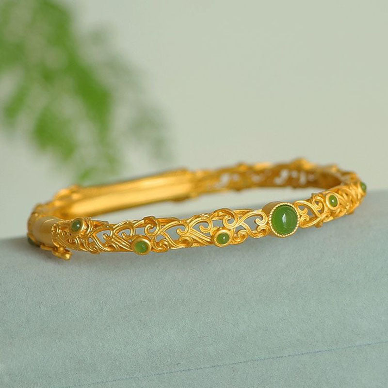Bamboo Natural Emerald Jade Stone Open Bracelet