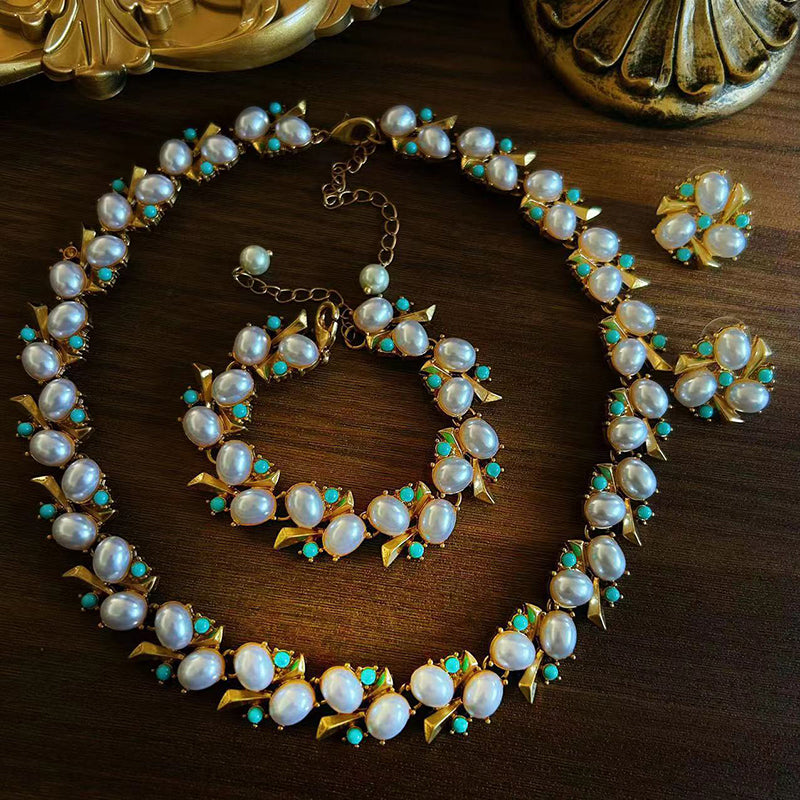 Conjunto de Pendientes, Pulsera y Collar de Perlas Naturales de Agua Dulce de Alta Calidad