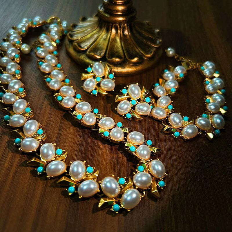 Conjunto de Pendientes, Pulsera y Collar de Perlas Naturales de Agua Dulce de Alta Calidad