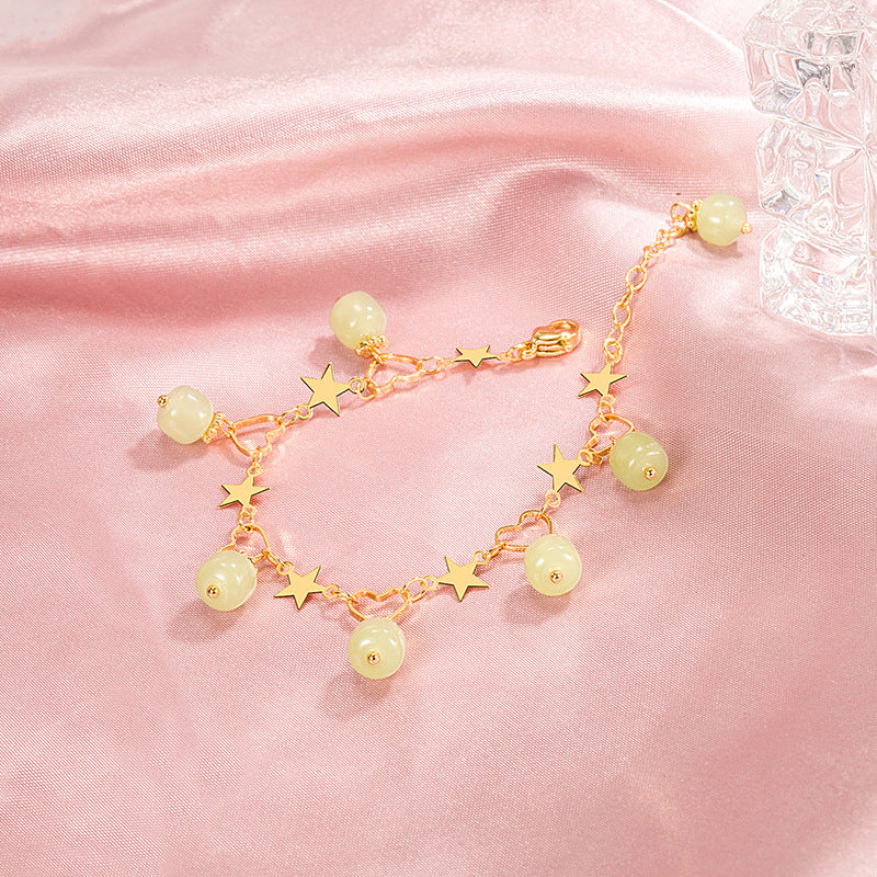 Pulsera o tobillera de jade con piedras de esmeralda natural, corazones y estrellas