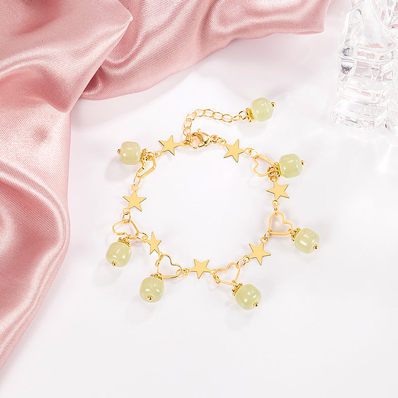 Pulsera o tobillera de jade con piedras de esmeralda natural, corazones y estrellas