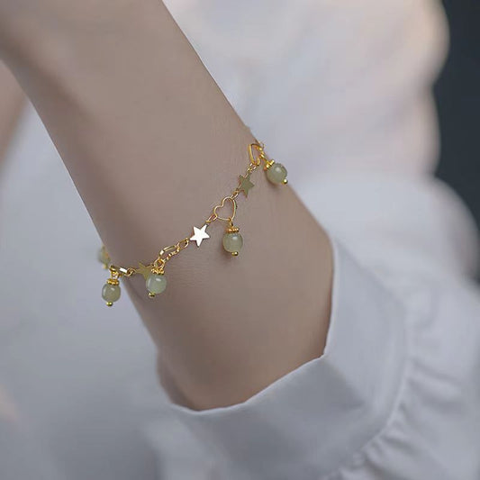 Hearts and Stars Natural Emerald Jade Stone Bracelet or Anklet