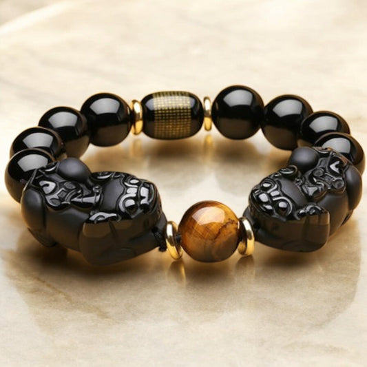 Double Pixiu Obsidian Tiger Eye Beads Bracelet
