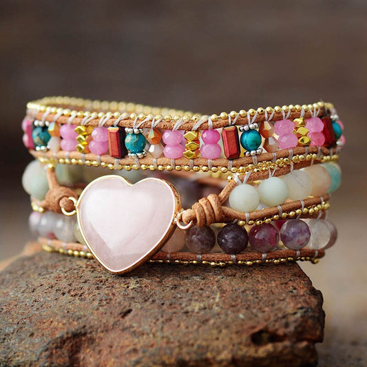 Rose Quartz Heart Wrap Bracelet