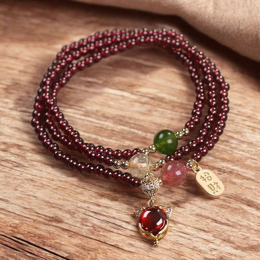 Natural Garnet Strawberry Quartz Crystal Fox Triple Wrap Bracelet